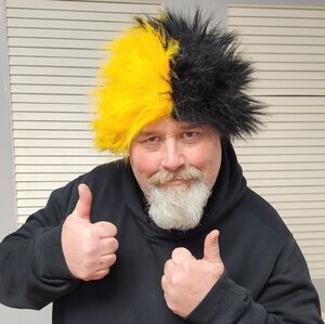 Black Yellow Gold Wig Fuzzy Furry Hat Spirit Wear Game Day Hawkeyes Adult